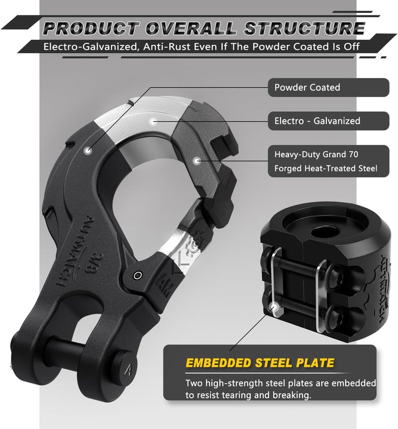 AUTMATCH Winch Hook 3/8" - Clevis Slip Hook with Safety Latch & Winch Cable Hook Stopper, Grade 70 Forged Steel Max 39,600Lbs Work for Winch Rope, ATV, UTV, Off Road Vehicle, Frosted Black - Image 3